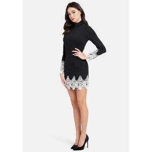 Bebe Black Mock Neck Mini Dress With Long Sleeves And White Lace Accents. Small